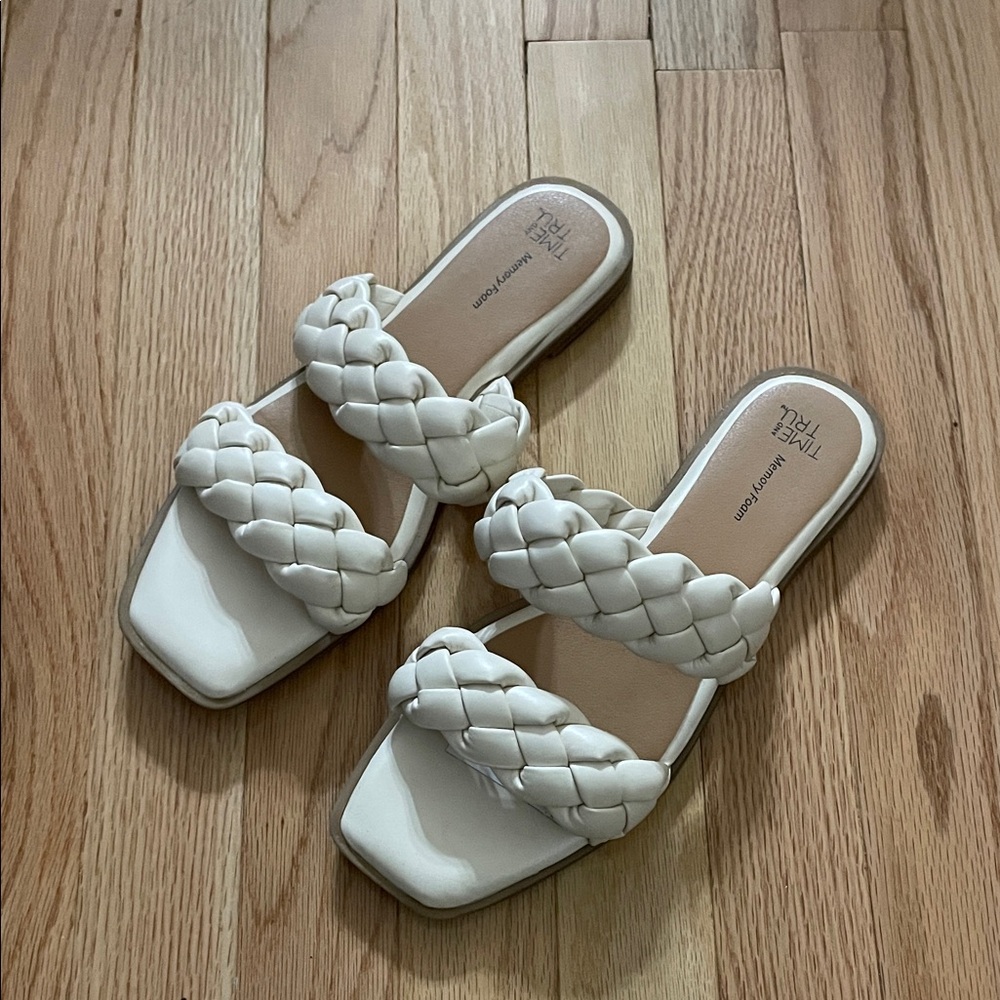 Time and Tru Braided Double Strap Sandals Womens 8.5 Cream White Woven Slides